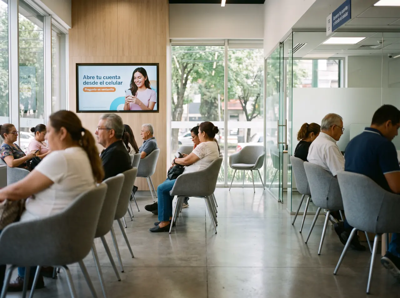 Sala de espera de un banco con una TV que invita a abrir una cuenta desde el celular