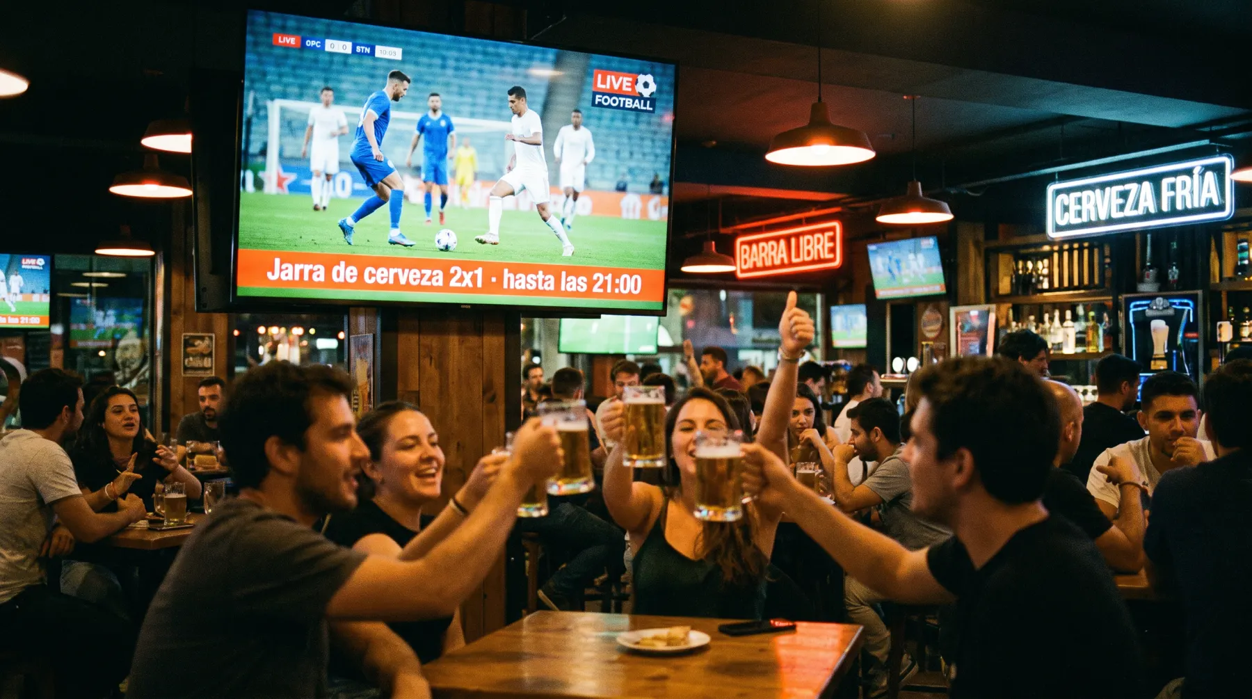 Bar con amigos brindando frente a una TV con un partido de fútbol y una franja que anuncia jarra de cerveza 2x1
