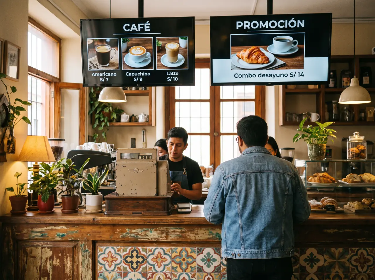 Barra de cafetería con dos TVs: el menú de cafés con precios y una promoción de combo desayuno