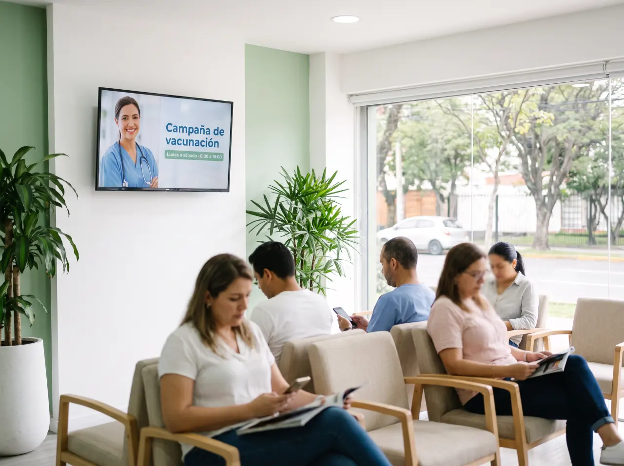 Sala de espera de una clínica con una TV que anuncia una campaña de vacunación