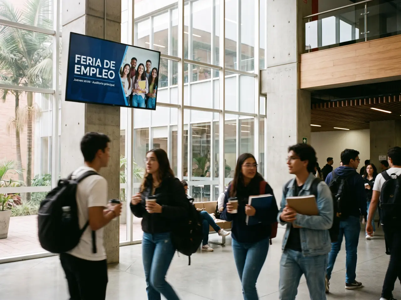 Hall de universidad con estudiantes y una TV que anuncia la feria de empleo