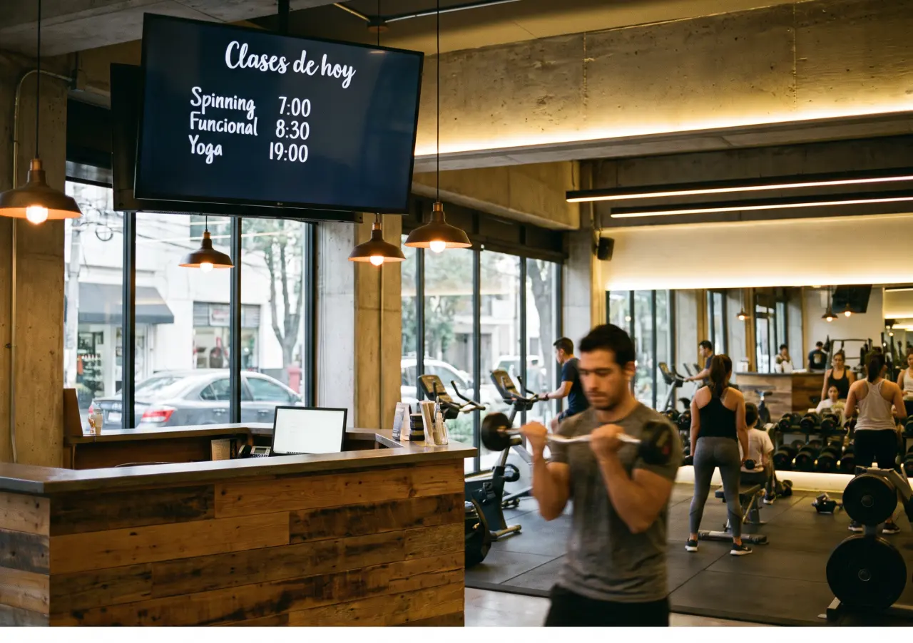 Gimnasio con una TV sobre la recepción que muestra las clases de hoy: spinning, funcional y yoga