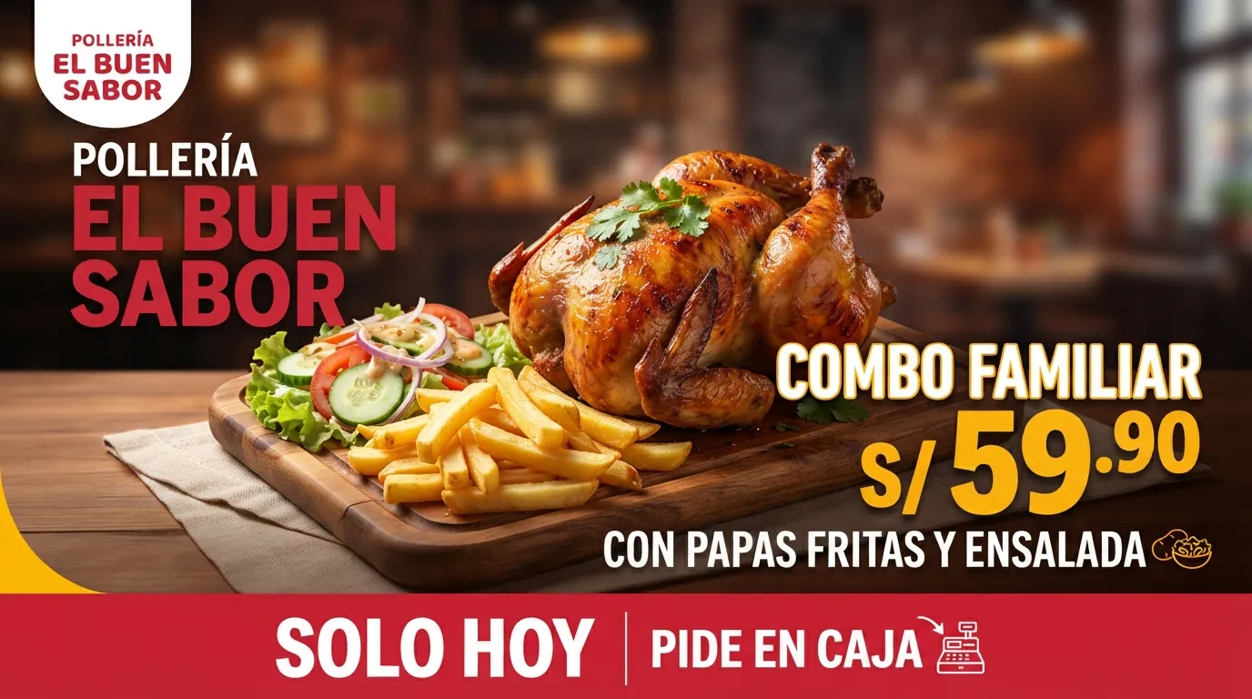 Anuncio hecho con IA: Pollería El Buen Sabor, combo familiar a S/ 59.90, solo hoy, pide en caja