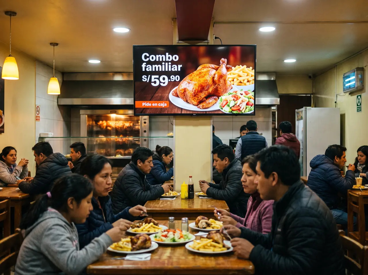 Pollería llena de familias con una TV que anuncia un combo familiar a S/ 59.90