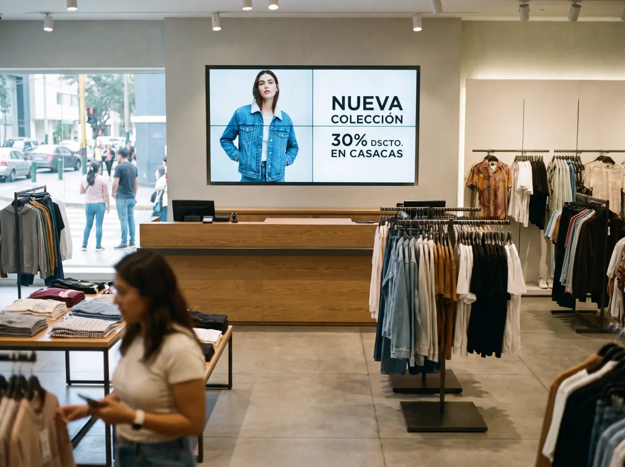 Tienda de ropa con una TV detrás de la caja que anuncia la nueva colección con 30% de descuento en casacas